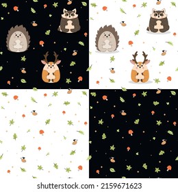 Seamless pattern with cute with raccoon, deer and hedgehog, set with wild animals, vector amanita, bee, forest animals