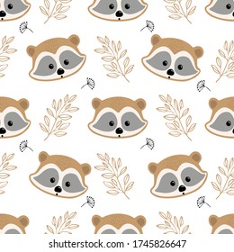 Seamless pattern cute raccoon face, children's print on clothes.Vector illustration