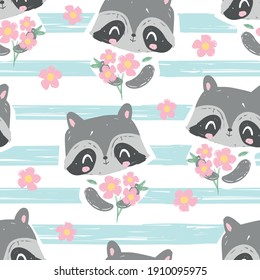 Seamless pattern Cute Raccoon and flowers. Cartoon character. Children print on t-shirt. Vector Illustration.