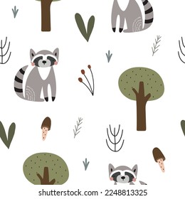 Seamless pattern with a cute raccoon in the forest. Vector illustration in scandinavian style for nursery and textile decoration