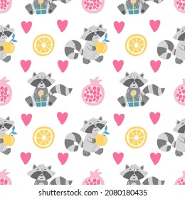 Seamless pattern - cute raccoon and  fruits, vector graphics on white background. For design the covers of notebooks, phones, textiles, prints on childrens clothes, decorations for festive parties.
