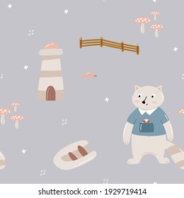 Seamless pattern with cute raccoon and lighthouse. Kids vector illustration