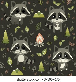 Seamless pattern with cute raccoon, mountains and leaves. Nature, travel, vacation. Cute vector illustration