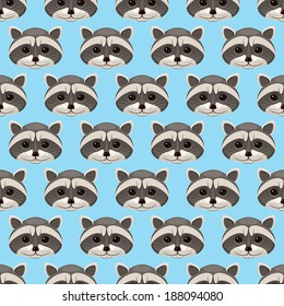 seamless pattern with cute raccoon on a blue background. vector illustration 