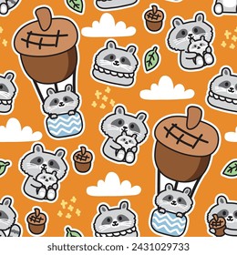 Seamless pattern of cute raccoon in various poses background.Acorn,balloon,leaf,cloud hand drawn.Wild animal character cartoon design.Kawaii.Vector.Illustration.