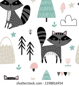 Seamless pattern with cute raccoons in the forest. Childish illustration in vector.