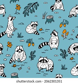 Seamless pattern with cute raccoons in forest. Vector illustration color background.