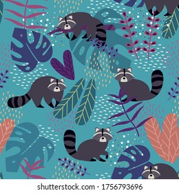 Seamless pattern with cute raccoons and plants. Vector illustration