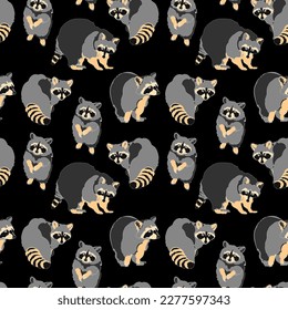 Seamless pattern with cute raccoons. Vector illustration.