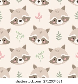 Seamless pattern with cute raccoons. Vector.

