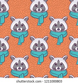 Seamless pattern with Cute Racoon in scarf. Print for fabric, t-shirt, poster. Vector illustration

