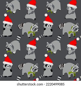 Seamless pattern with cute racoons in Santa hat. Background for Christmas party