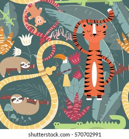 Seamless pattern with cute rain forest animals, tiger, snake, sloth, vector illustration