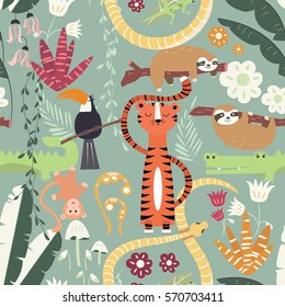 Seamless pattern with cute rain forest animals, tiger, snake, sloth, vector illustration