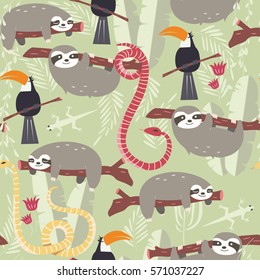 Seamless Pattern With Cute Rain Forest Animals, Toucan, Snake, Sloth, Vector Illustration