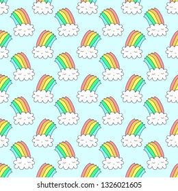 Seamless pattern with cute rainbow cloud on a light blue background.