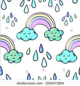 Seamless pattern Cute Rainbow Clouds Sun Raining drops Pastel Spring Vector Illustration