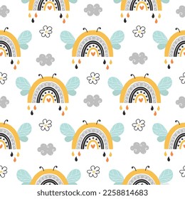 Seamless Pattern with Cute Rainbow and doodle clouds, Kids Cartoon Animals Background, Design for baby clothes, t-shirts, wrapping, fabric, textiles and more