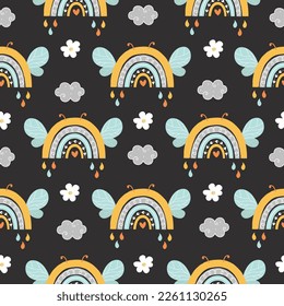 Seamless Pattern with Cute Rainbow and doodle clouds, Kids Cartoon Animals Background, Design for baby clothes, t-shirts, wrapping, fabric, textiles and more