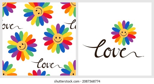 Seamless Pattern With Cute Rainbow Flower Cartoons And Hand Written Font On White Background Vector Illustration.