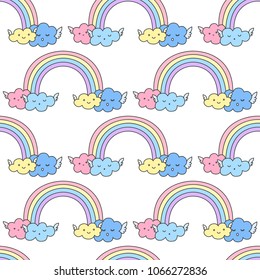 Seamless pattern with cute rainbow and  funny clouds. Vector hand drawn illustration.