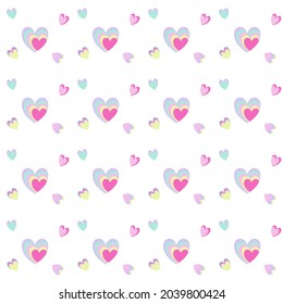 Patrón sin foco de lindo corazón arco iris se repiten sobre fondo blanco. Diseño de patrones vectoriales hermosos para la decoración, tela, envoltura, textil, papel pintado, vestimenta de amor o Día de San Valentín