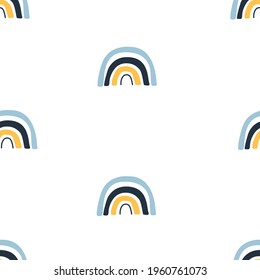 Seamless pattern with cute rainbow on white background. Vector illustration for printing on fabric, packaging paper, clothing. Cute baby background