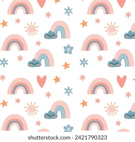 Seamless pattern with cute rainbow, sun, clouds and stars. Hand drawn vector illustration.