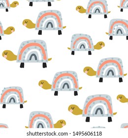 Seamless pattern with cute rainbow turtles. Creative texture in scandinavian style. Great for fabric, textile Vector Illustration