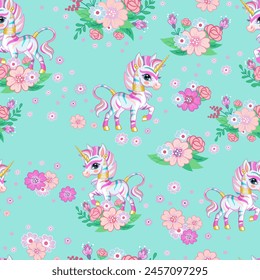 Patrón sin fisuras con cebra arco iris lindo con flores en un fondo de color menta. Ilustración vectorial con caballo mágico. Para fiesta, impresión, baby shower, Fondo de pantalla, diseño, ropa de cama, ropa