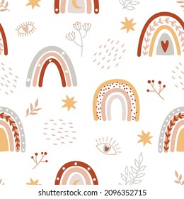 Seamless pattern with cute rainbows. Childish print for nursery in a Scandinavian style for baby clothes, interior, packaging. Vector cartoon illustration in pastel colors.