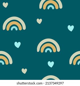 Seamless pattern with cute rainbows and hearts in pastel on blue background for fabric, textile, nursery wallpaper
