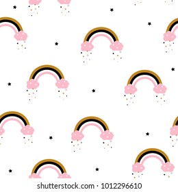 Seamless pattern with cute rainbows and pink clouds. Vector hand drawn illustration.