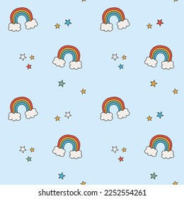 Seamless pattern with cute rainbows and stars on a blue background. Childish cartoon retro vintage 70s groovy style.