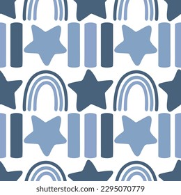 Seamless pattern with cute rainbows, stars and stripes. In blue tones for boys. Printing for printing, T-shirts and textiles. Wrapping paper.