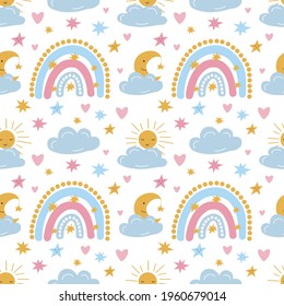 Patrón sin foco con hermosas arcoiris, sol, luna y nubes. fondo blanco, gráficos vectoriales. Para papel pintado, papel de envoltura, textiles, prendas de vestir para niños, estampados de cubierta.