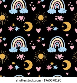 Seamless pattern with cute rainbows, sun, moon and stars. Black background, vector graphics. For wallpaper, wrapping paper, textiles, childrens clothing, cover prints.