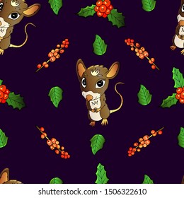 Seamless pattern of cute rat character and red holly for new year 2020. Endless pattern of rat character and red mistletoe 