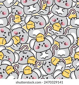 Seamless pattern of cute rat with cheese in various poses sticker background.Mouses hand drawn.Rodent animal character cartoon design.Kawaii.Vector.Illustration.