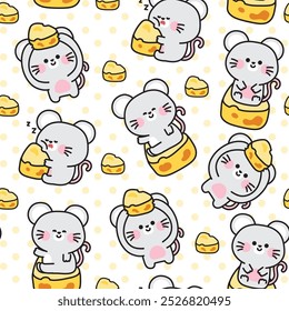 Seamless pattern of cute rat with cheese background.Mouse.Rodent animal character cartoon design.Image for card,sticker,decorated,baby product.Kawaii.Vector.Illustration.