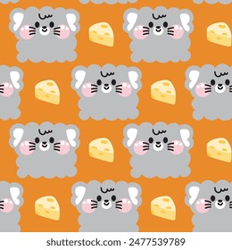 Seamless pattern of cute rat in curve shape hand drawn with cheese background.Face.Head.Cartoon rodent animal character design.Image for card,poster,baby clothing.Kawaii.Vector.Illustration