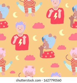 Seamless pattern cute rat male happy poses,cartoon hand drawn texture vector illustration
