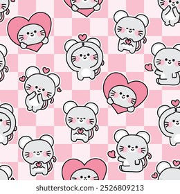 Seamless pattern of cute rat mouse in love concept sticker pink background.Heart.Valentines.Rodent animal character cartoon design.Image for card,sticker,decoration.Baby graphic.Kawaii.Vector.