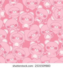 Seamless pattern of cute rat mouse in love concept line hand drawn pink background.Heart.Valentines.Rodent animal character cartoon design.Kawaii.Vector.Illustration.