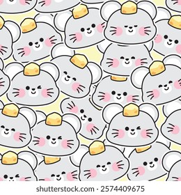 Seamless pattern of cute rat mouse face head with cheese sticker background.Rodent animal character cartoon design.Baby clothing.Kawaii.Vector.Illustration.