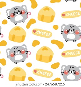 Seamless pattern of cute rat round shape with cheese on white background.Mouse.Rodent animal character cartoon design.Image for card,poster,t shirt print screen,baby clothing.Kawaii.Illustration.