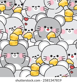 Seamless pattern of cute rat in various poses with cheese background.Mouse.Rodent animal character cartoon.Image for card,sticker,baby clothing,print screen.Kawaii.Vector.