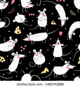 Seamless pattern with cute rats. Funny little mice for a repeatable design of surfaces and fabrics. Symbol of the New Year 2020. Vector illustration.