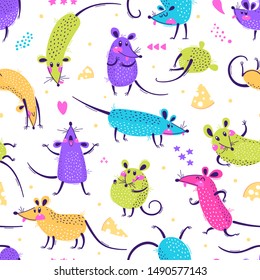 Seamless pattern with cute rats. Funny little mice for a repeatable design of surfaces and fabrics. Symbol of the New Year 2020. Vector illustration.