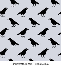 Seamless pattern of cute raven crow vector on gray background. Funny illustration